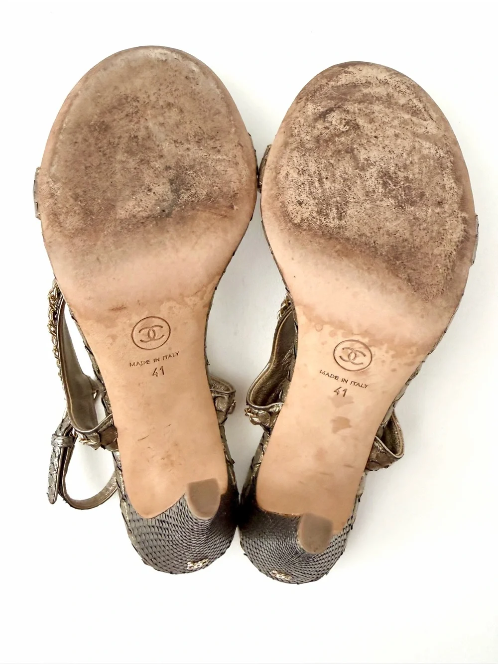 CHANEL | Gold Bronze Python CC Logo Chain Ankle Strap High Heel Sandals EU 41